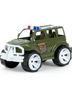 Военен джип в зелен цвят с големи гуми и автентични детайли, предназначен за детски игри.