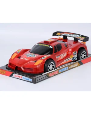 Червена детска спортна кола с динамичен дизайн и спортни стикери