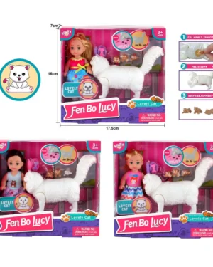 Кукла с бяла котка, която може да "роди" малки котенца, в комплект Fen Bo Lucy.
