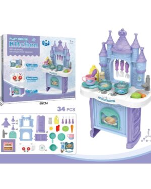 Детска кухня замък с 34 аксесоара, течаща вода, светлини и музика, подходяща за деца над 3 години