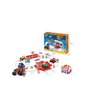 Детски паркинг с една писта и колички с фигура за игра, аксесоари и пътни знаци