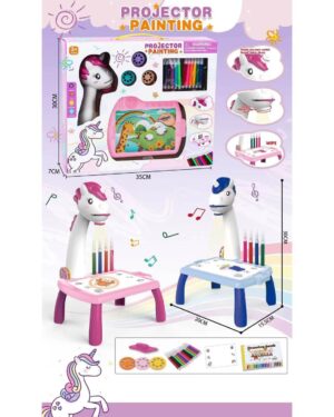 Детски проектор за рисуване - Детски Свят Детски проектор за рисуване играчка с масичка, еднорог проектор, маркери и шаблони, подходящ за деца над 3 години.