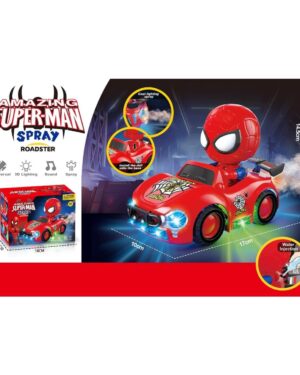 Вълнуваща кола играчка със светлини, звук и пушек ефек - Детски Свят Червена кола играчка Super-Man Spray с пушек ефект, LED светлини и герой отпред.