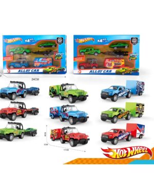 Комплект Hot Wheell - Детски Свят Комплект Hot Wheel коли играчки – метални джипове с ремарке и спортни коли, 4 броя в кутия.